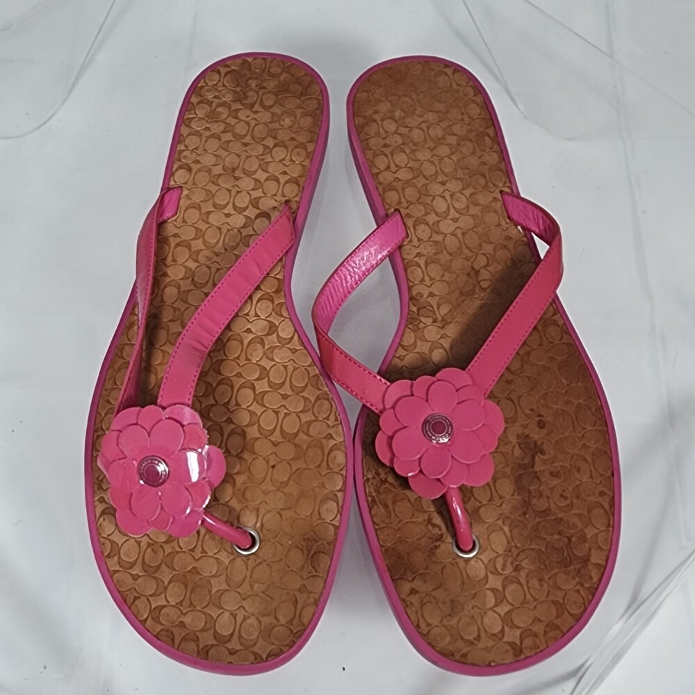 VTG Coach Lindy Embossed Vachetta Leather Patent Daisy Flip Flop Sandal Pink 10